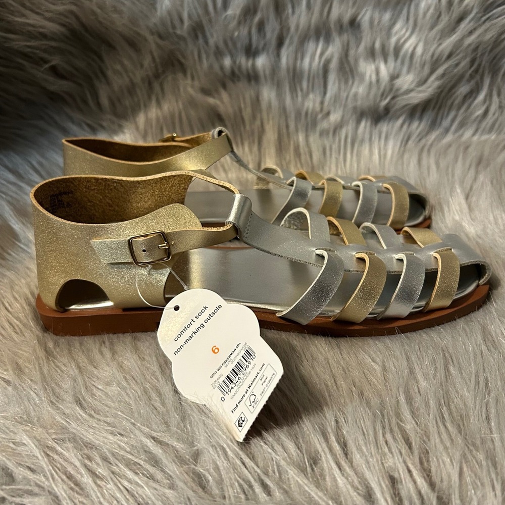 Wonder Nation Fisherman Sandals‎ Big Girl's Size 6 Silver Gold Shoes Buckle